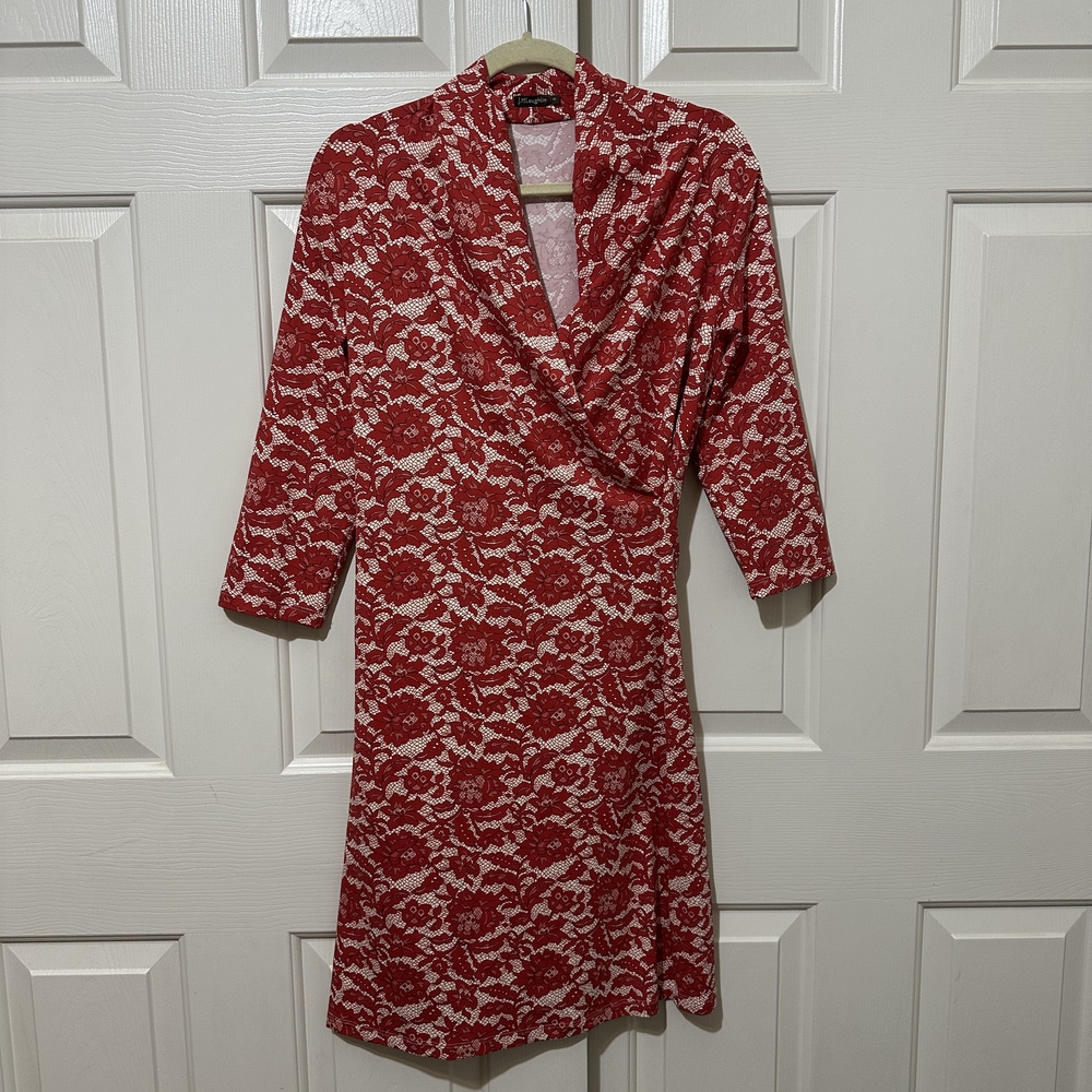 Red Floral Lace-Pattern Wrap Dress